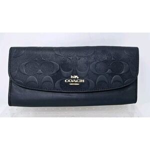 Coach Navy Blue Leather Bifold Flap, Snap Long Wallet Leather Lining Authentic